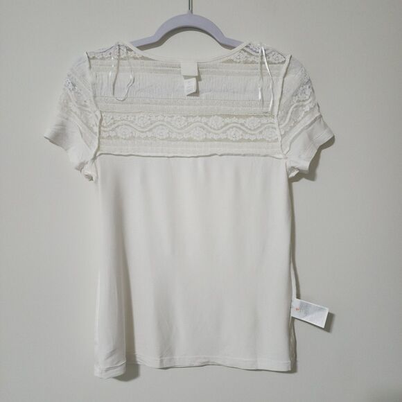 H&M Womens Yoke Lace Ruffle Top Ivory Jersey Short Sleeve Crew Neck Size S - Picture 6 of 11